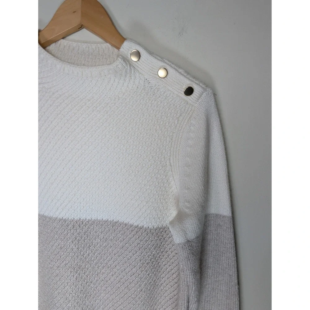 Talbots Womens Medium Colorblock Sweater Neutral Button‎ Shoulder Textured Knit